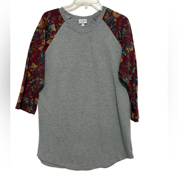 LuLaRoe Tops - Randy Tee Heather Gray with Burgundy Floral Sleeves
